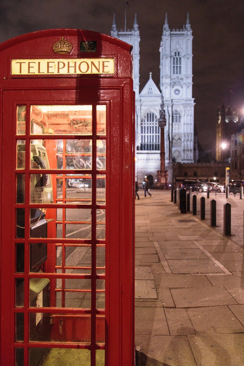 Red phone booth at night!